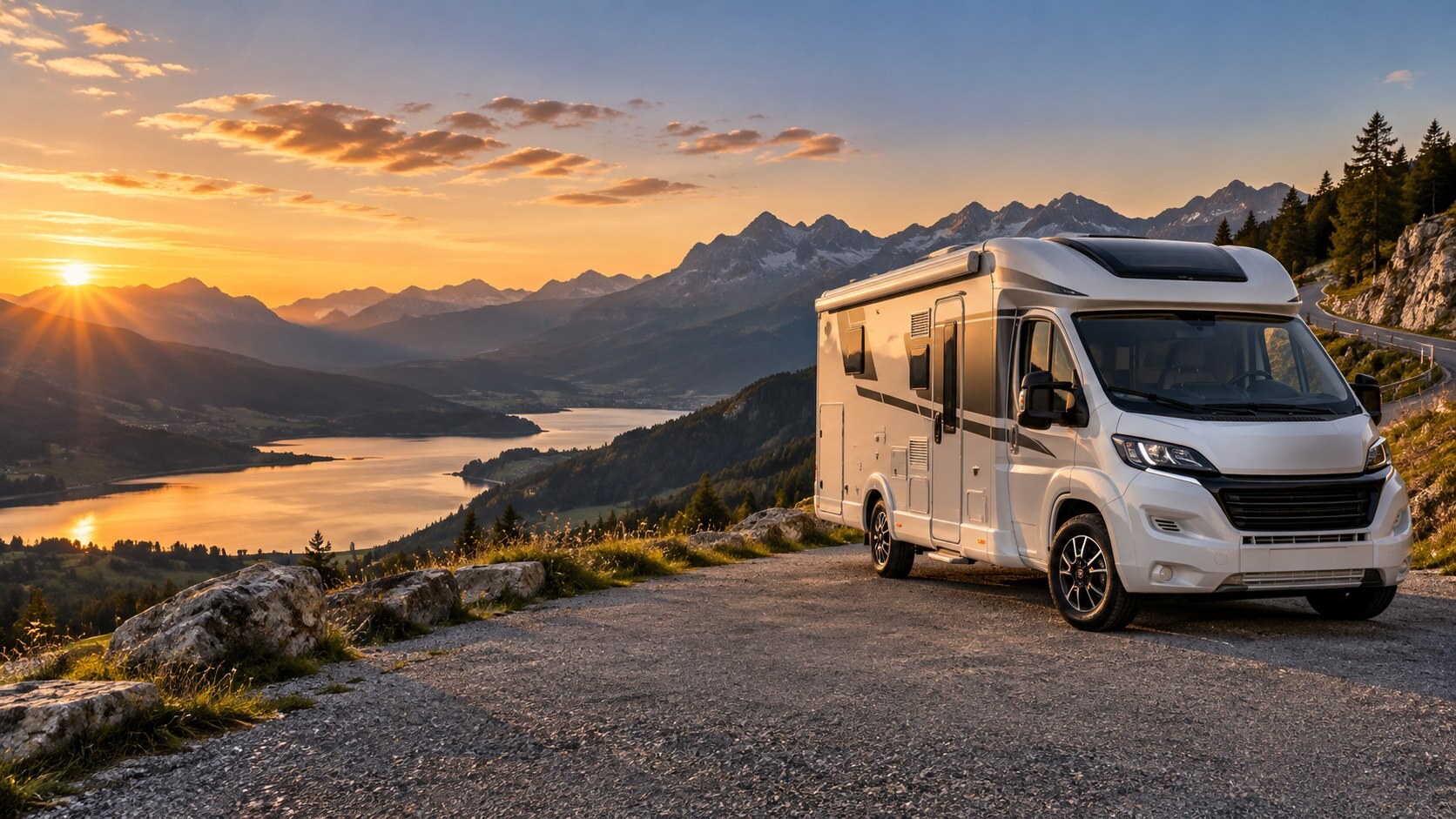 Camper moderno parcheggiato davanti a un panorama di montagna al tramonto